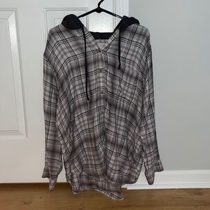 American Eagle Outfitters Black and Gray Plaid Hooded Button-Up Top